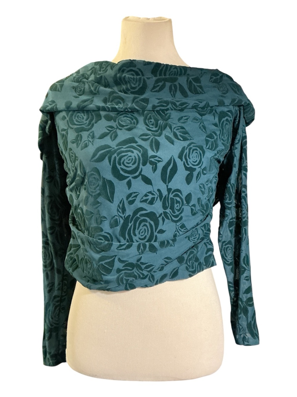 Women's Green Floral Boatneck Long-Sleeve Top